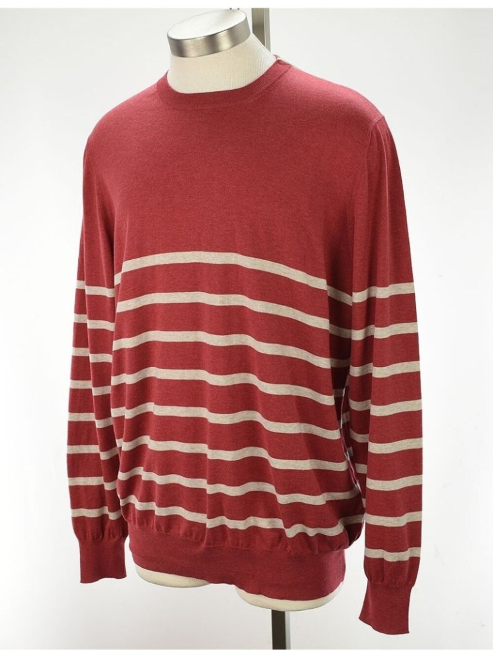 BRUNELLO CUCINELLI Red Beige STRIPE Cotton Crew Neck Pullover Sweater 58 XXL NWT